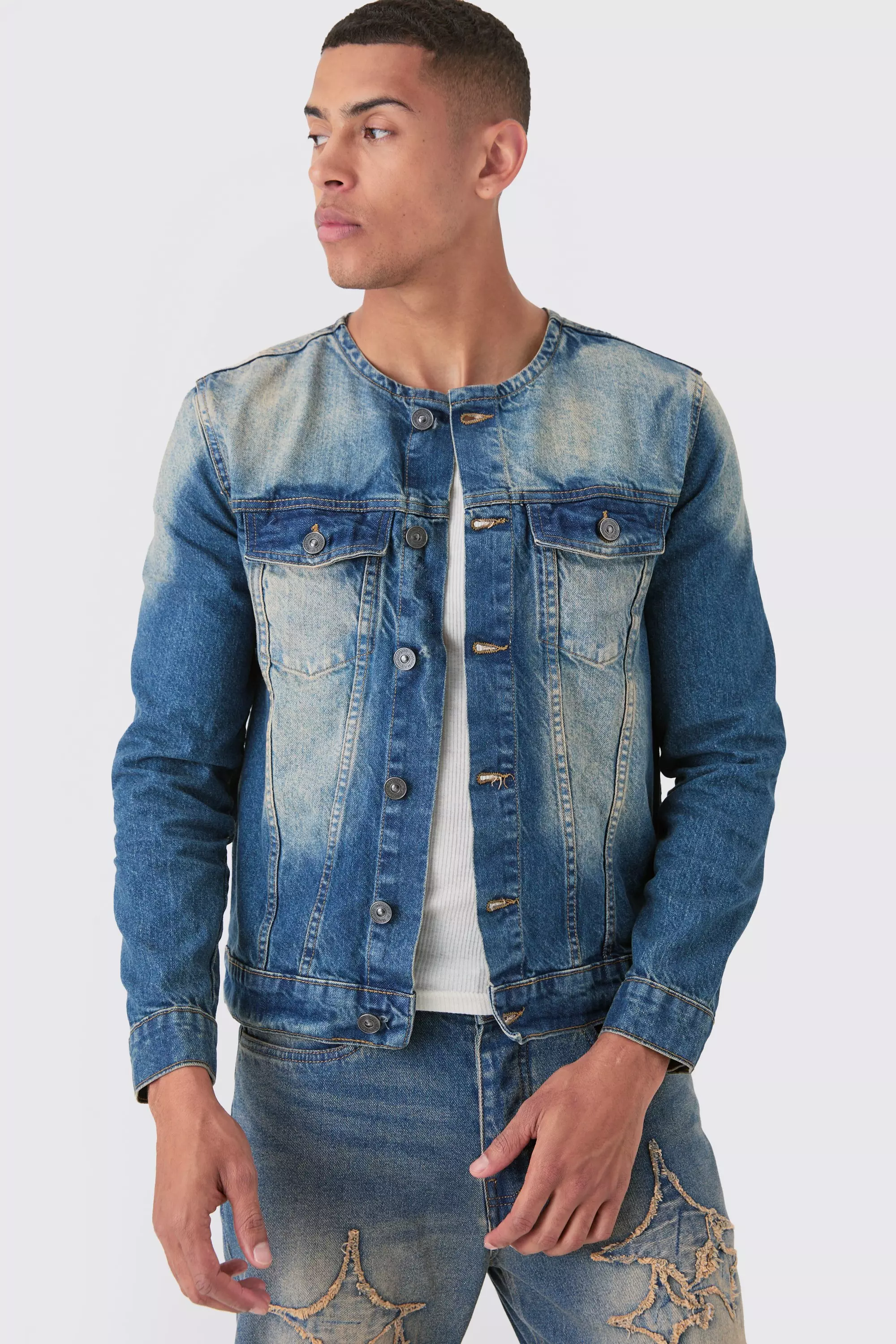 Collarless denim jacket mens sale